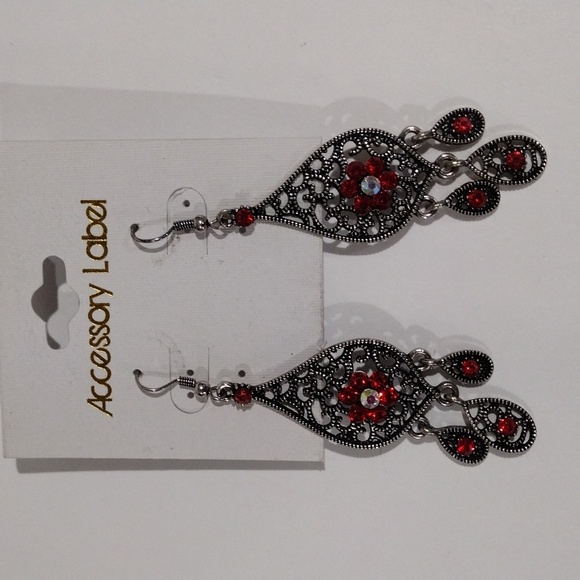 Red Crystal Drop Dangle Earrings – Filigree Fringe Design, Gold Women's Jewelry - Picture 7 of 10
